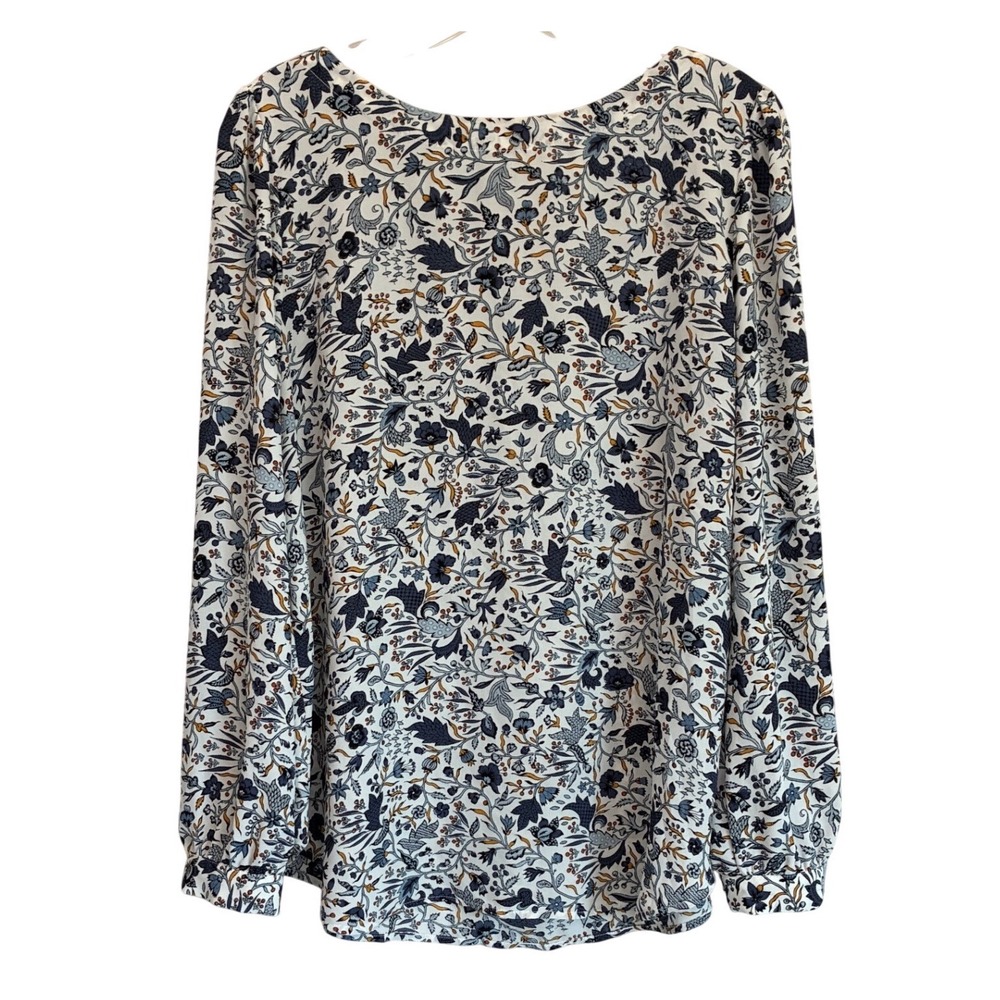 LOFT Womens Blue White Floral Botanical Long Sleeve Blouse Keyhole Back Large